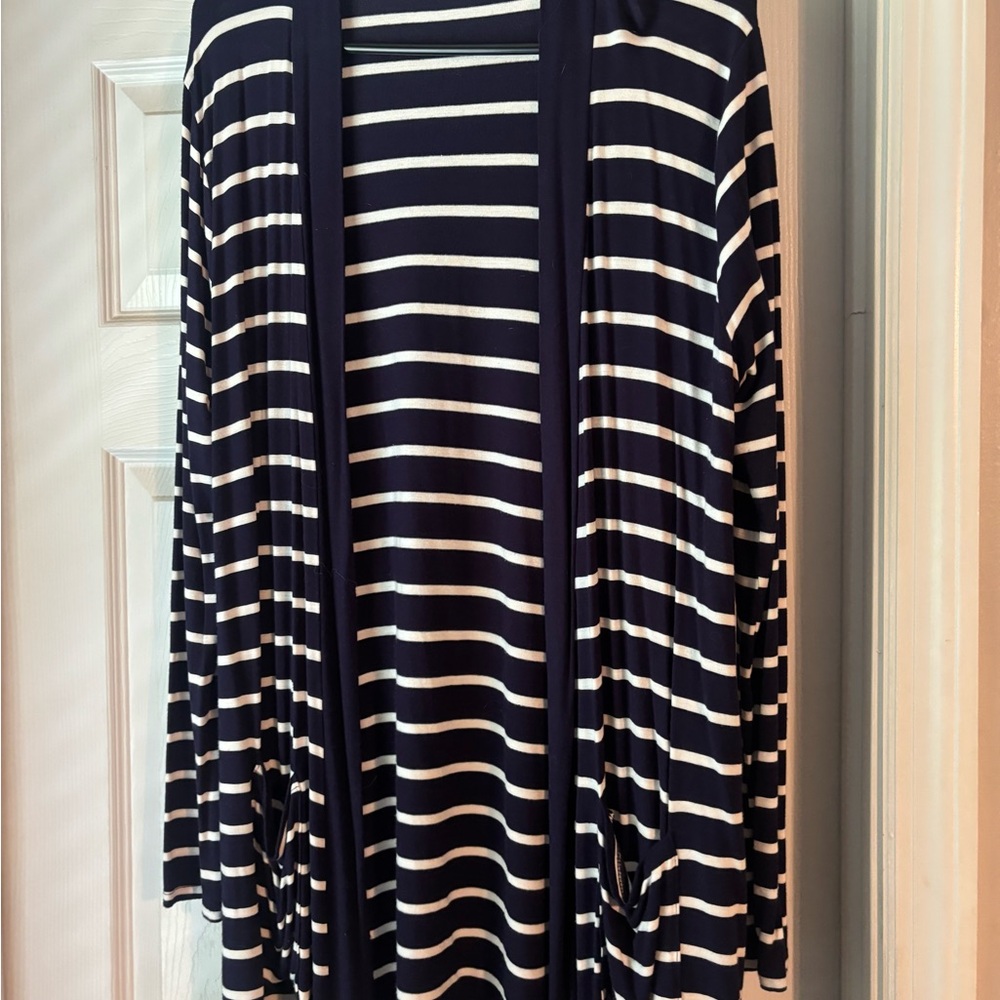 Zenana Outfitters Striped Navy and Cream Cardigan